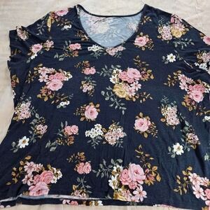 Floral V-Neck Short Sleeve Top Pink Roses Navy Blue Casual Tee Womens Plus Size